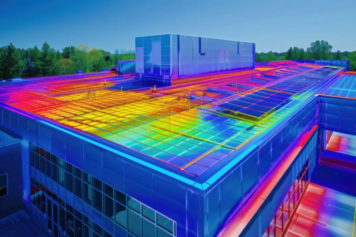 Thermografische Luftaufnahme eines Industriegebäudes, die Wärmeverluste und strukturelle Schwachstellen durch Drohneninspektionen sichtbar macht.